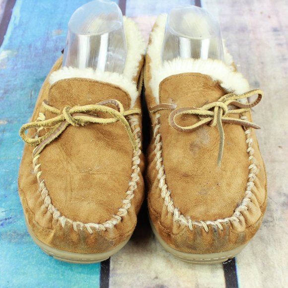 LL Bean Brown Suede Shearling Lined Wicked Good Moccasin Slippers Size 9 M - Picture 5 of 9